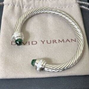 David Yurman Bracelet 7mm Sterling Silver Prasiolite Diamond Cable Classic Cuff